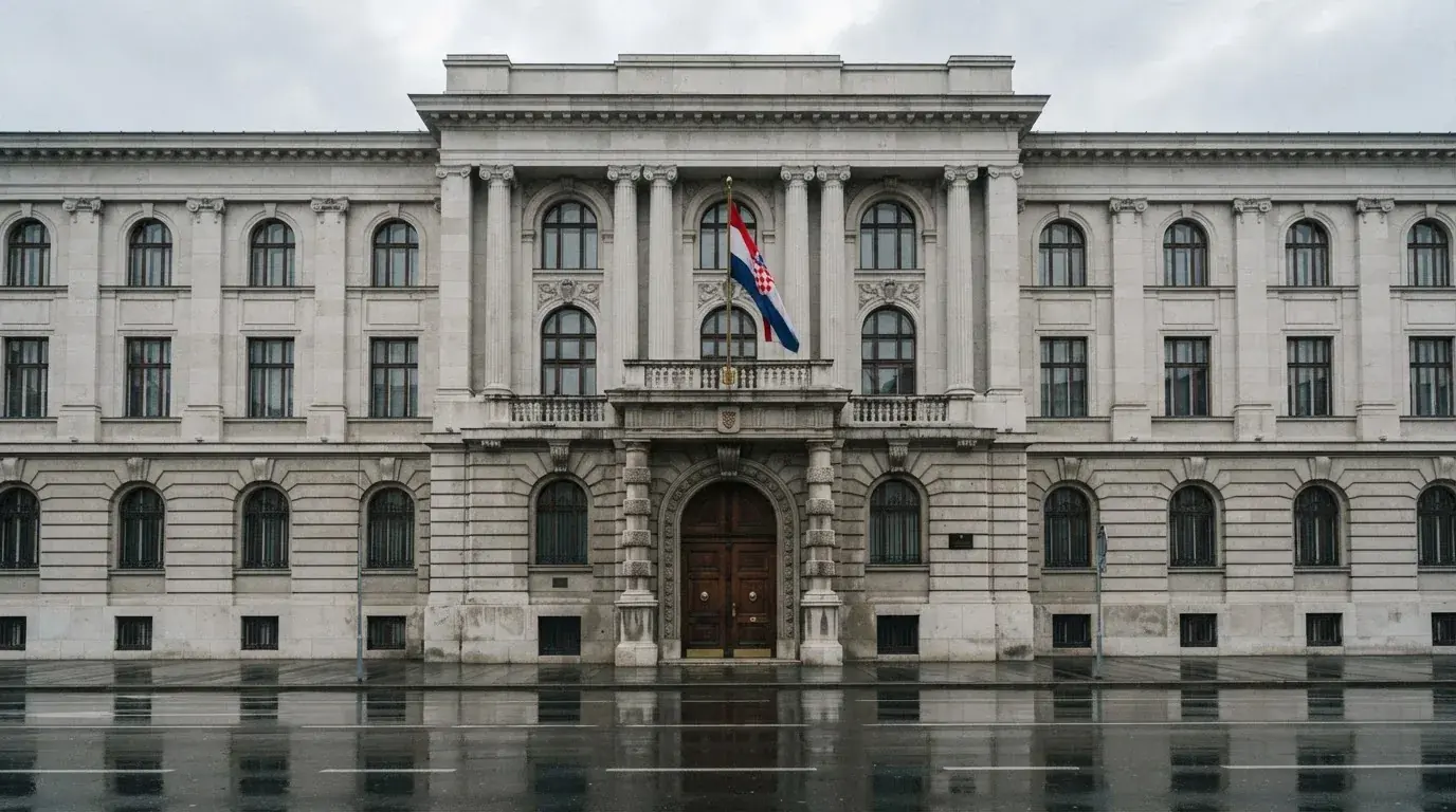 Pročelje zagrebačke ministarske zgrade od sivog kamena s visokim vratima i zastavom, oblačno nebo iznad.