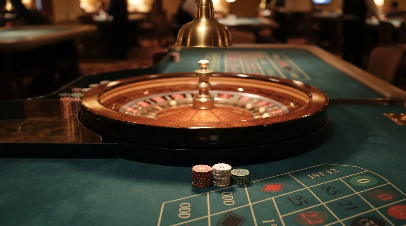 Kotač ruleta i žetoni na zelenom suknu pod toplim večernjim svjetlom — besplatni casina u hrvatskoj
