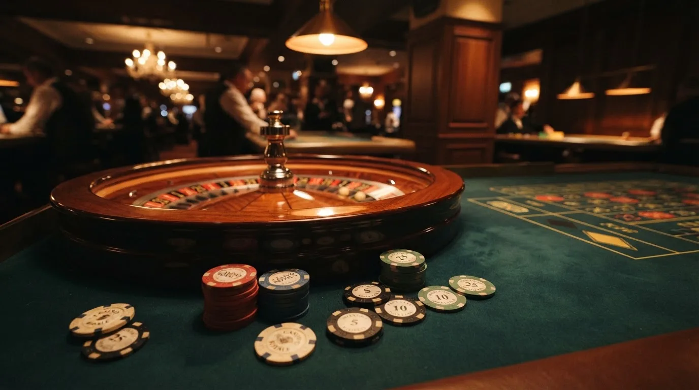 Kotač ruleta i žetoni na zelenom suknu pod toplim večernjim svjetlom — blackjack casina u hrvatskoj