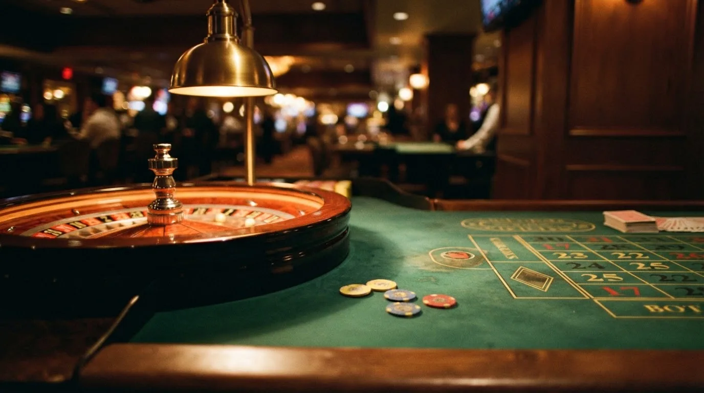 Kotač ruleta i žetoni na zelenom suknu pod toplim večernjim svjetlom — bonusi bez depozita u kasinu