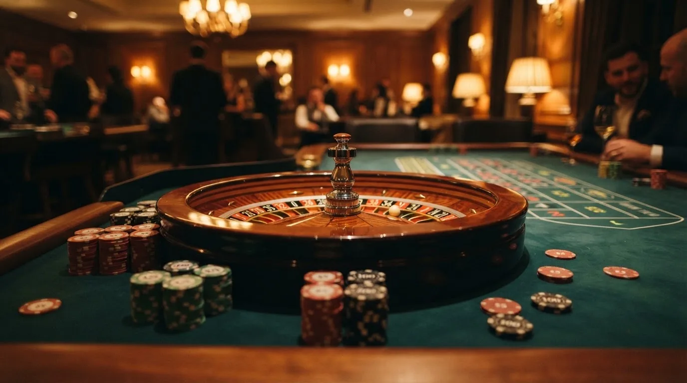 Kotač ruleta i žetoni na zelenom suknu pod toplim večernjim svjetlom — casina za android u hrvatskoj