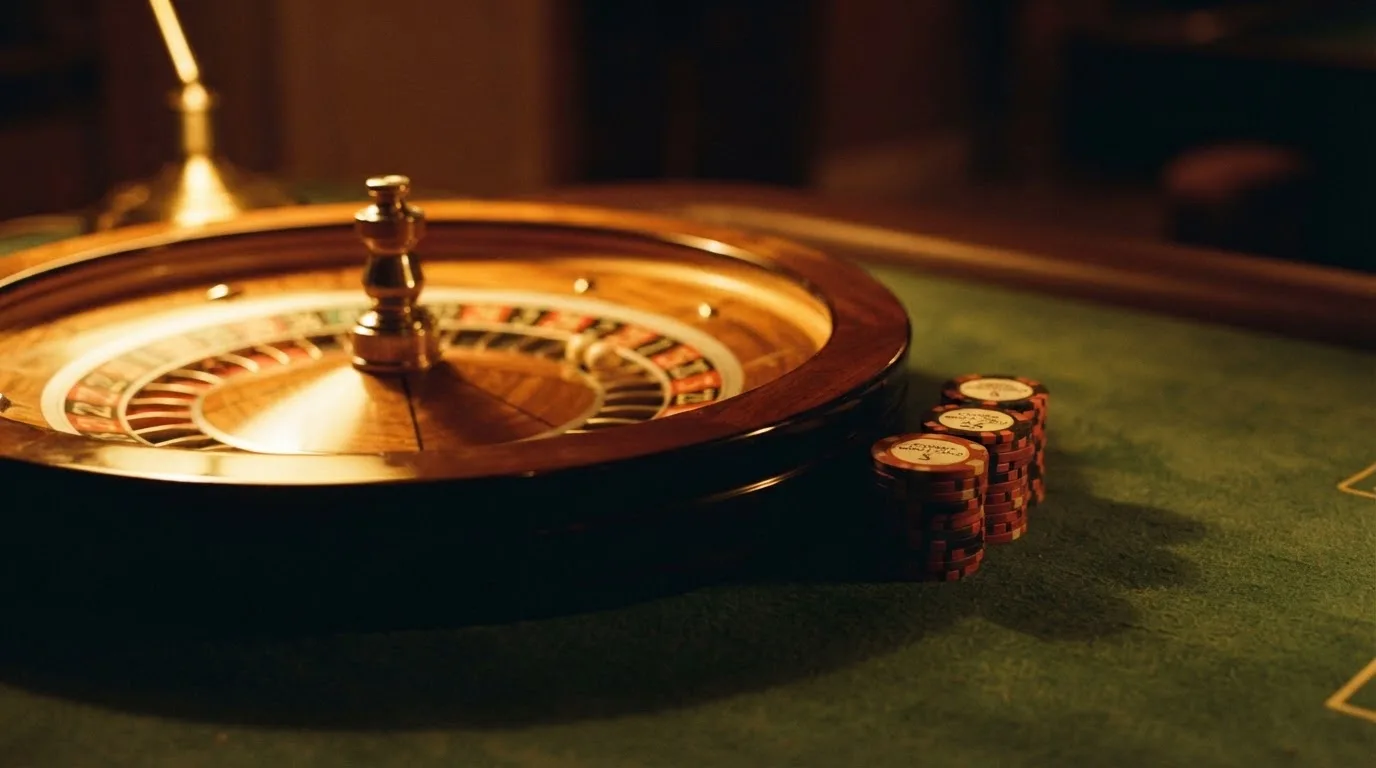Kotač ruleta i žetoni na zelenom suknu pod toplim večernjim svjetlom — casina za iphone u hrvatskoj
