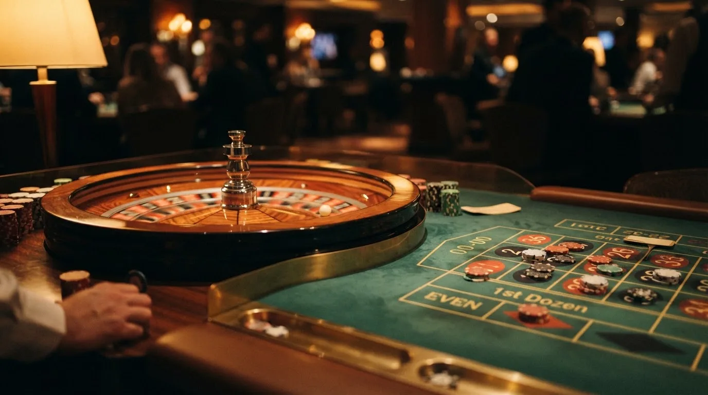 Kotač ruleta i žetoni na zelenom suknu pod toplim večernjim svjetlom — casino aparati u hrvatskoj