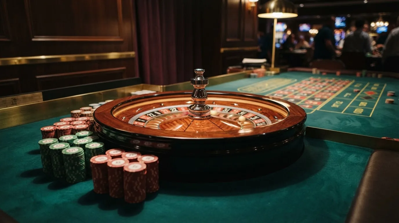 Kotač ruleta i žetoni na zelenom suknu pod toplim večernjim svjetlom — casino bez registracije u hrvatskoj
