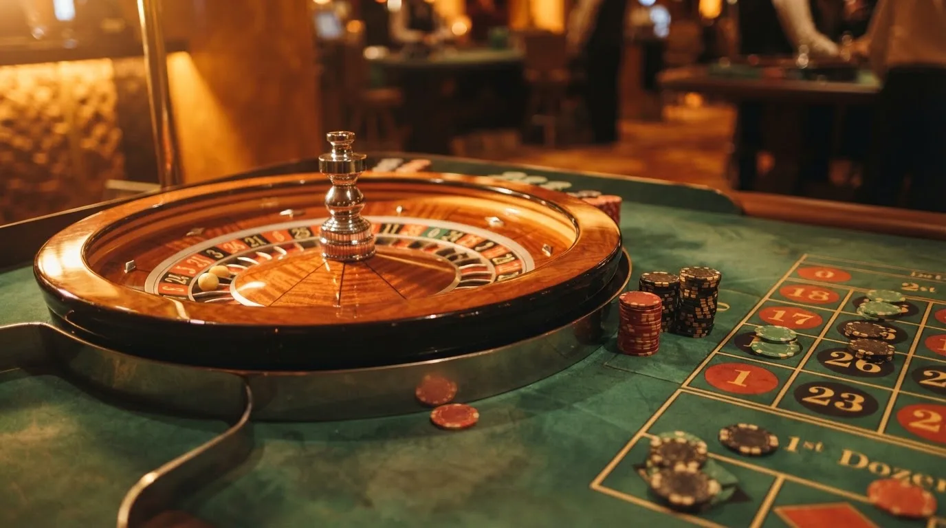 Kotač ruleta i žetoni na zelenom suknu pod toplim večernjim svjetlom — casino igre u hrvatskoj