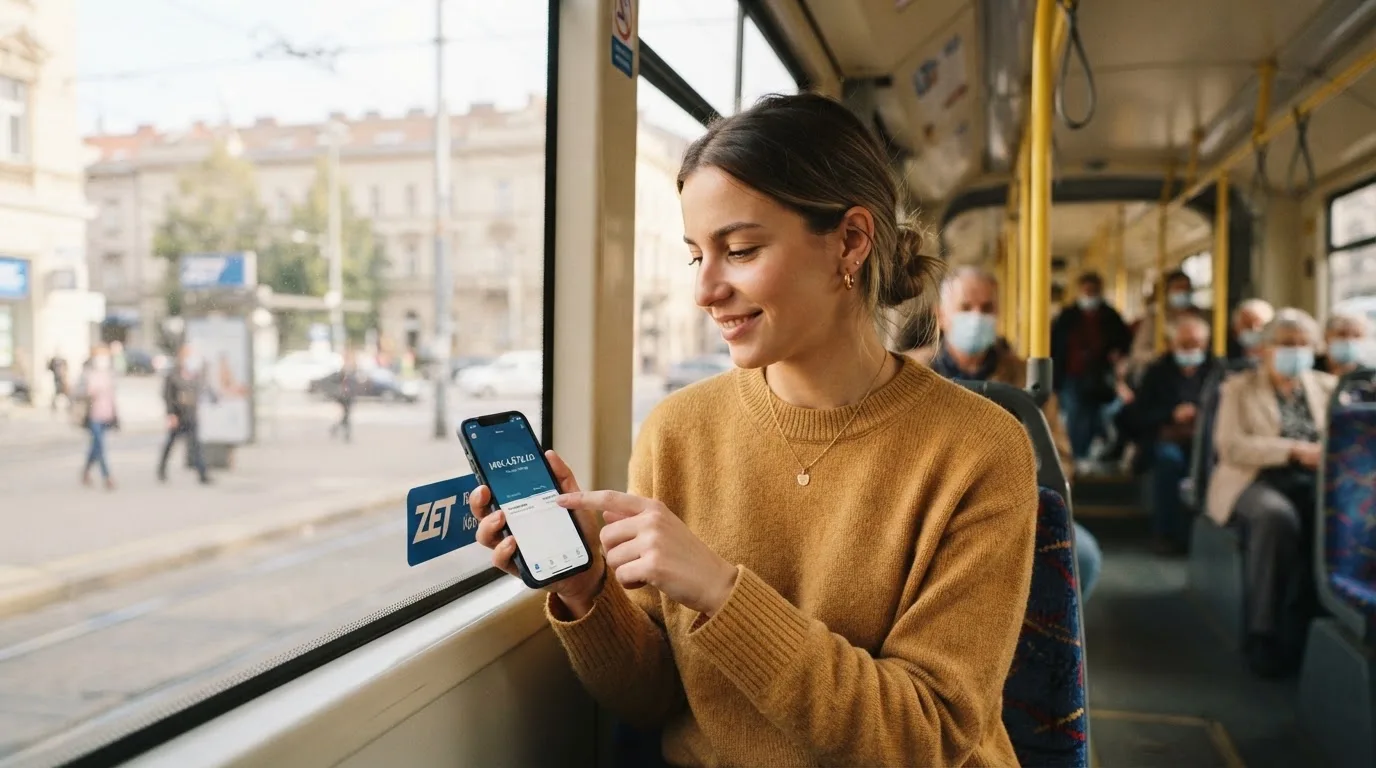 Žena u zagrebačkom tramvaju drži pametni telefon, putnici u pozadini zamućeni, dnevno svjetlo kroz prozore.