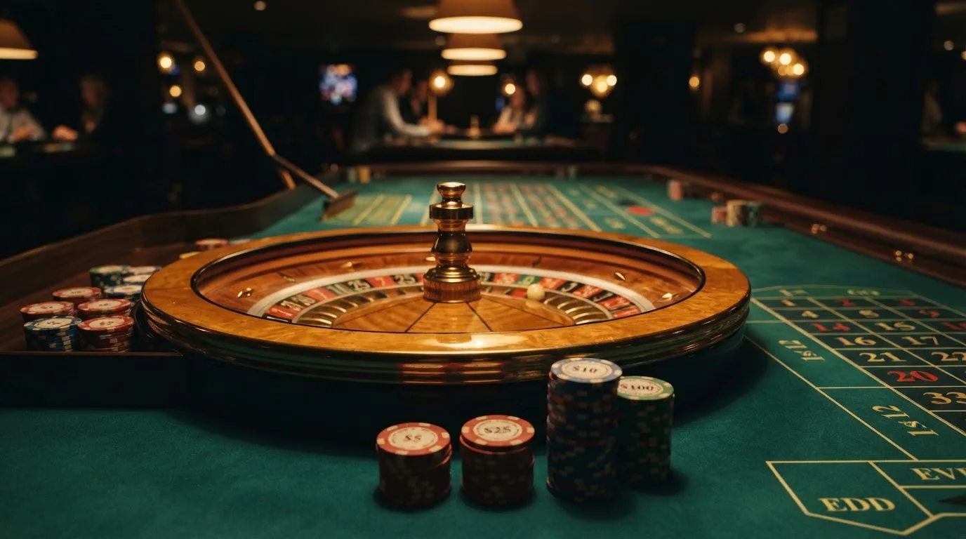 Kotač ruleta i žetoni na zelenom suknu pod toplim večernjim svjetlom — casino s apple pay u hrvatskoj