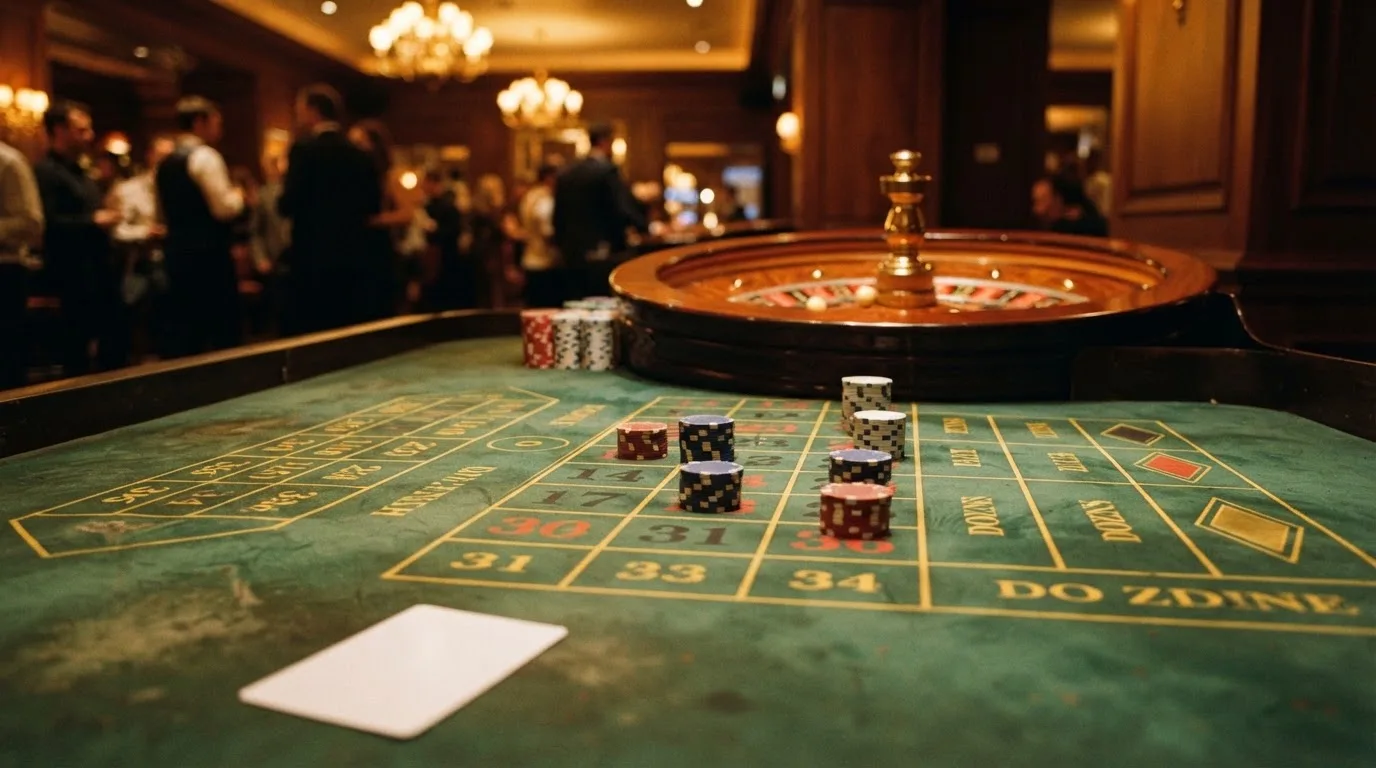 Kotač ruleta i žetoni na zelenom suknu pod toplim večernjim svjetlom — casino s bankovnim transferima