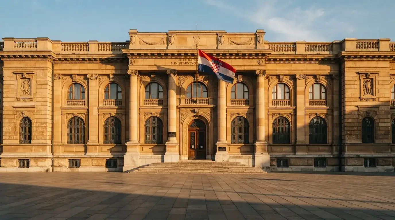 Fasada državne zgrade s lukovima i hrvatskom zastavom u sjaju poslijepodneva, bez ljudi.
