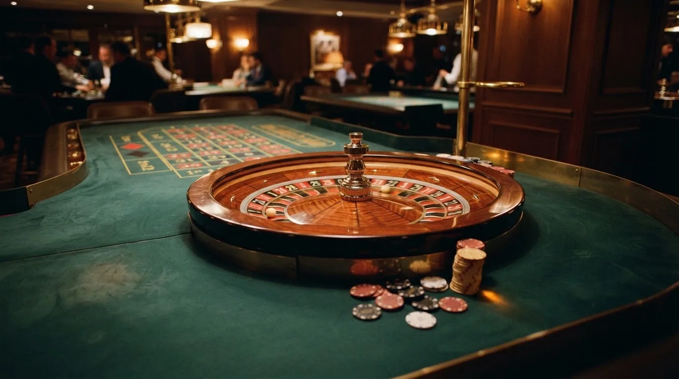 Kotač ruleta i žetoni na zelenom suknu pod toplim večernjim svjetlom — casino stranice u hrvatskoj