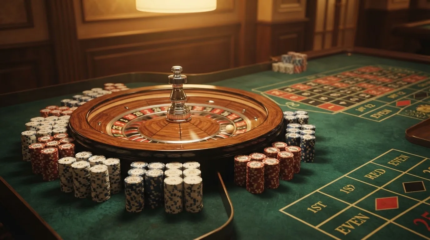 Kotač ruleta i žetoni na zelenom suknu pod toplim večernjim svjetlom — ethereum casino u hrvatskoj