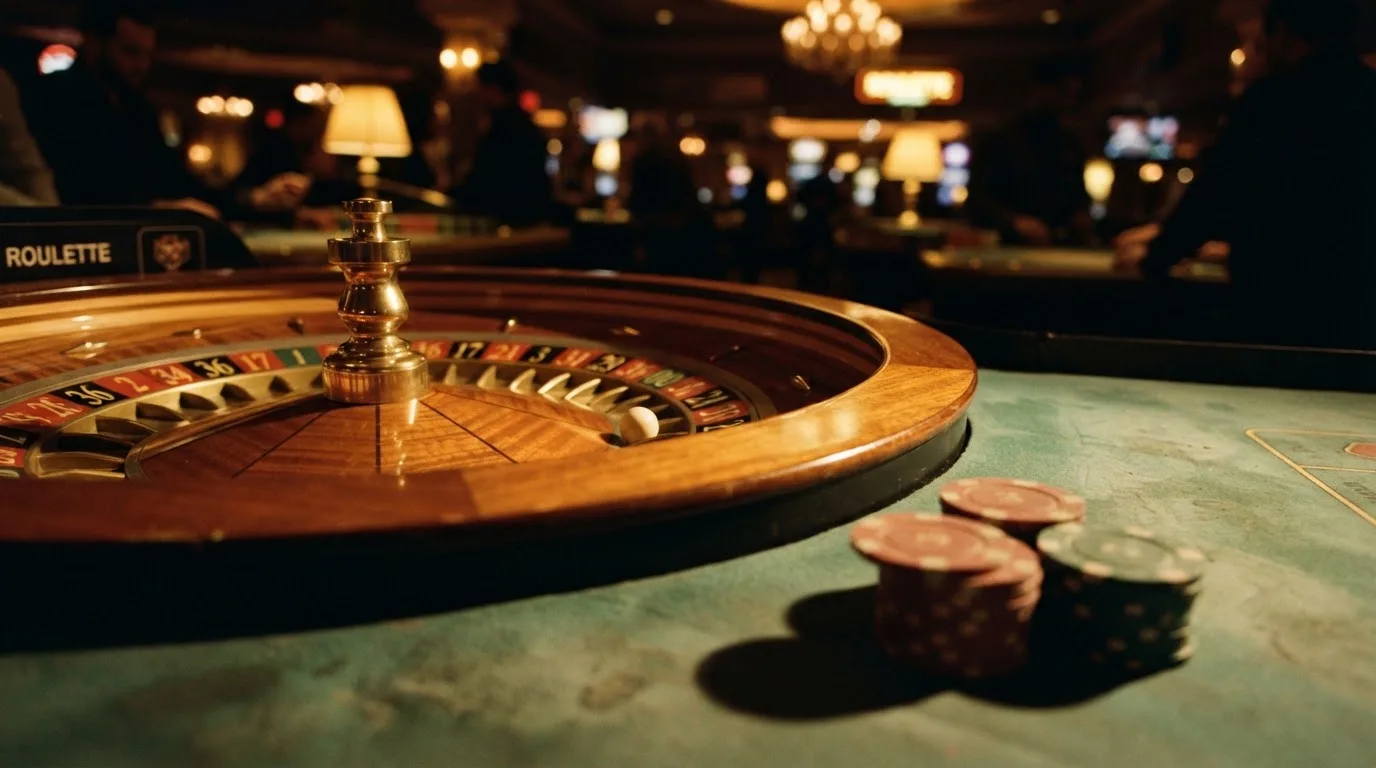 Kotač ruleta i žetoni na zelenom suknu pod toplim večernjim svjetlom — igrati blackjack u hrvatskoj
