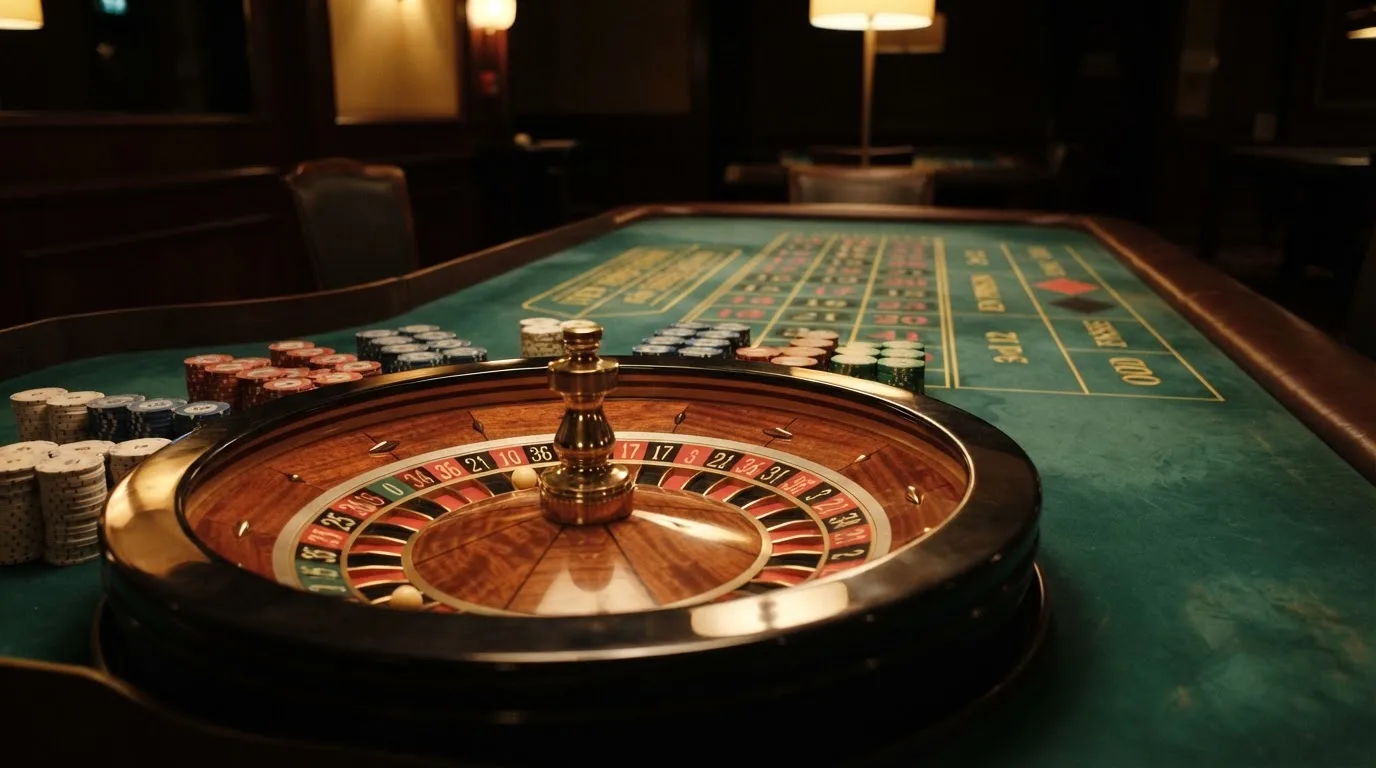 Kotač ruleta i žetoni na zelenom suknu pod toplim večernjim svjetlom — kombinacije za rulet
