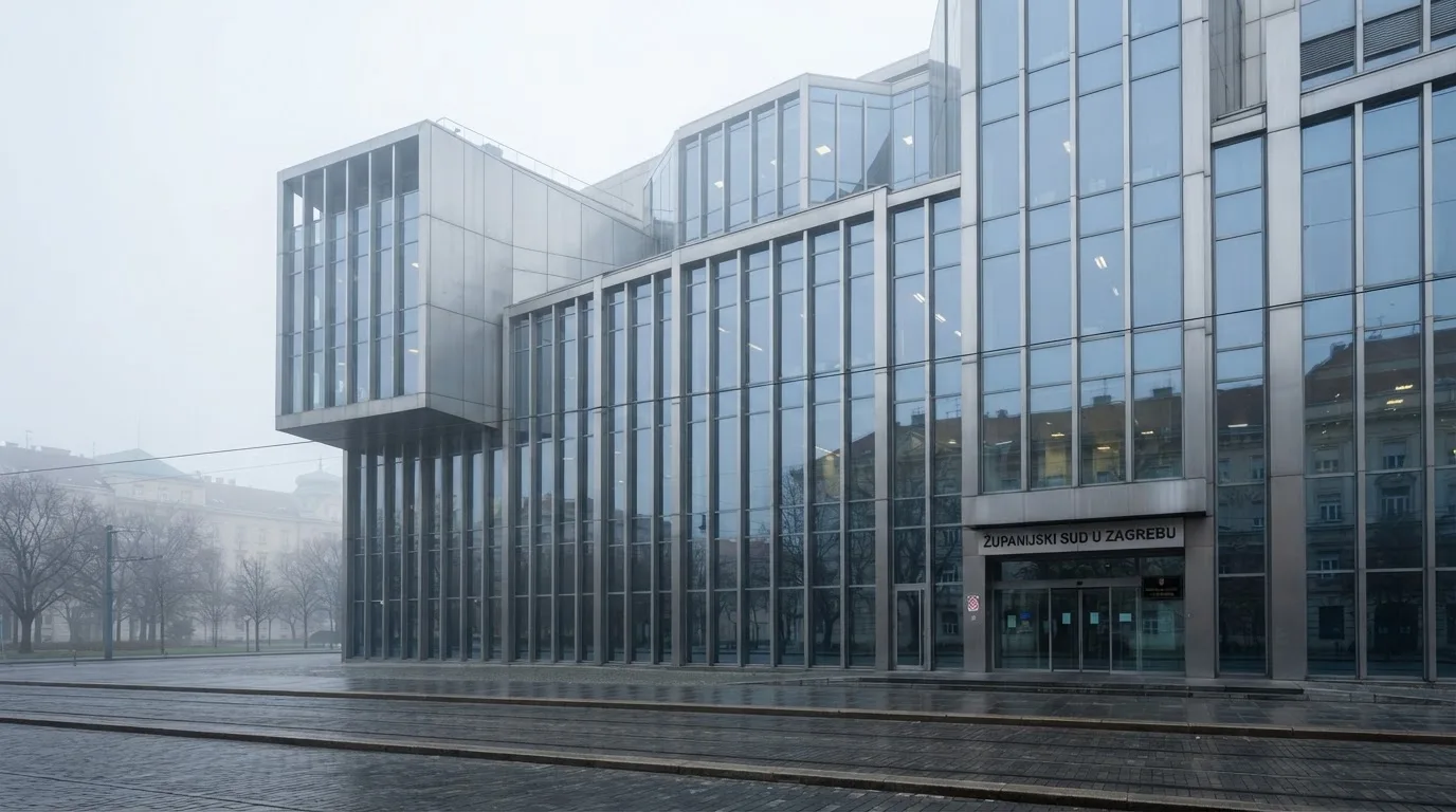 Pročelje zgrade od stakla i čelika u Zagrebu, jutarnja izmaglica i dnevno svjetlo, bez ljudi.