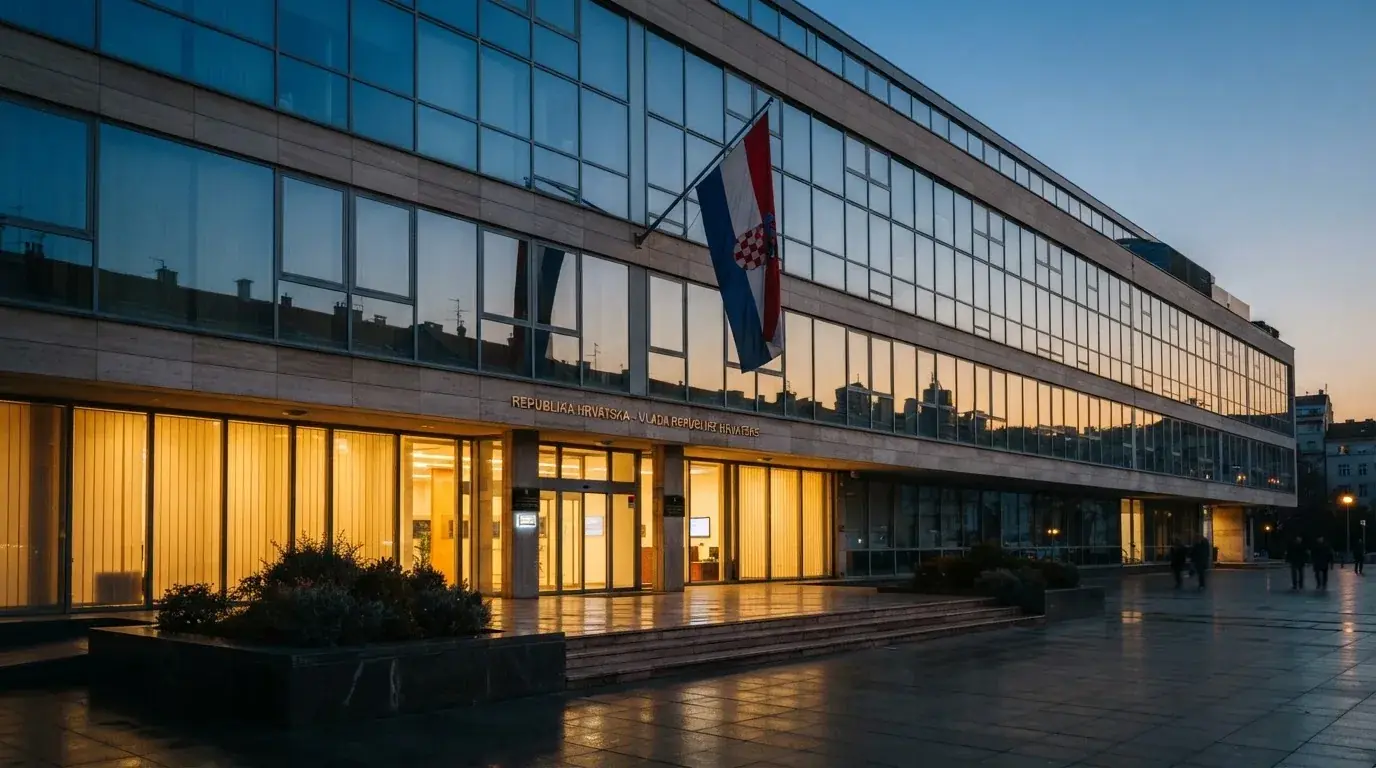 Fasada moderne državne zgrade u Zagrebu s ravnim staklenim pročeljem i hrvatskom zastavom, snimljena u sumrak.