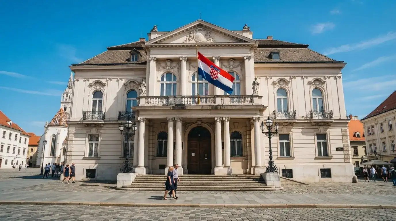 Svijetla državna zgrada u središtu Zagreba s hrvatskom zastavom na pročelju, snimljena danju pod vedrim nebom.