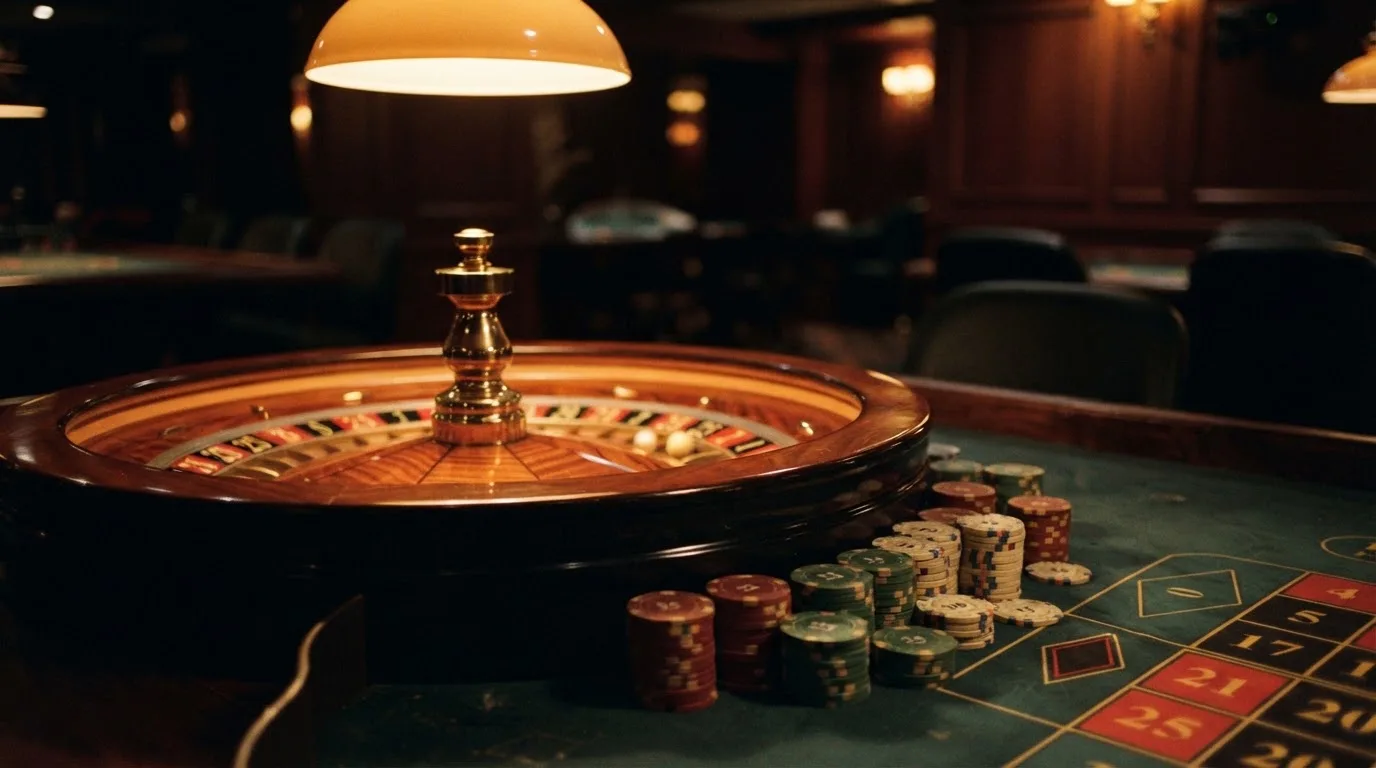 Kotač ruleta i žetoni na zelenom suknu pod toplim večernjim svjetlom — rulet casina u hrvatskoj